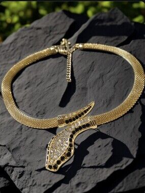 18k Gold Plated Mesh Chain Crystal Snake Serpent Necklace